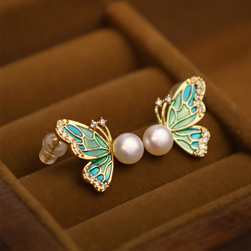 Boucles d'oreilles à tige en perles naturelles et papillons avec tiges en argent sterling