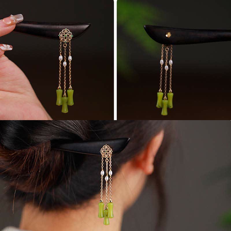 Épingle à cheveux à pompons en bois d'ébène et péridot naturel