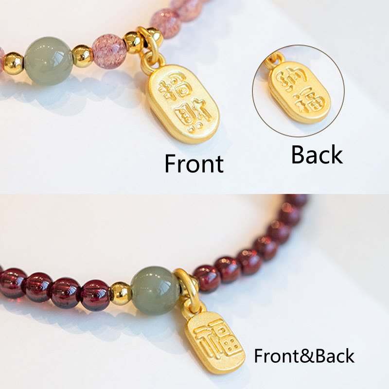 Bracelet de guérison porte-bonheur en jade, quartz fraise naturel et grenat