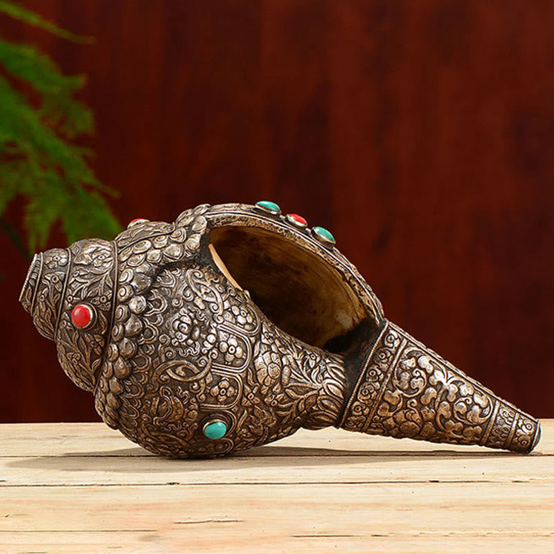 Coquillage tibétain naturel Shankha orné de huit symboles de bon augure | Décoration zen