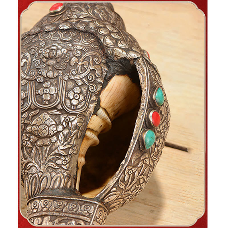 Coquillage tibétain naturel Shankha orné de huit symboles de bon augure | Décoration zen