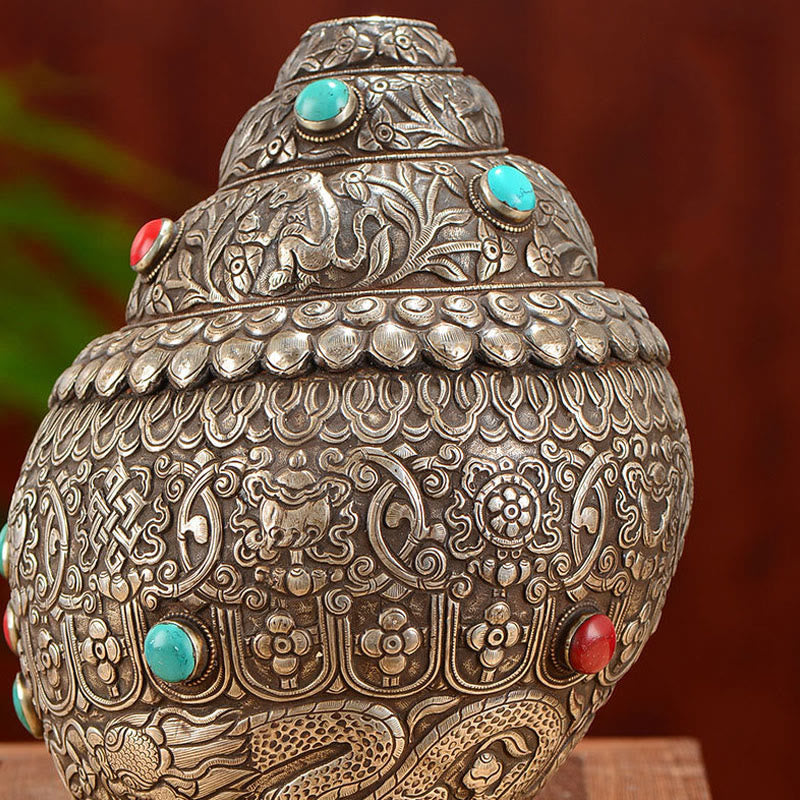 Coquillage tibétain naturel Shankha orné de huit symboles de bon augure | Décoration zen