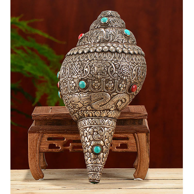 Coquillage tibétain naturel Shankha orné de huit symboles de bon augure | Décoration zen