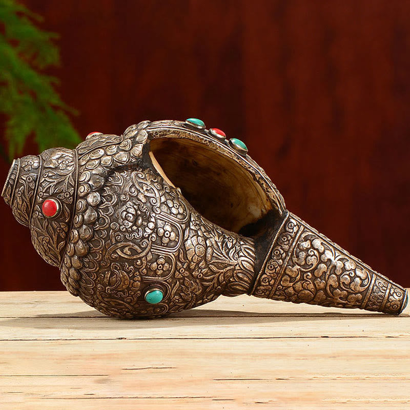 Coquillage tibétain naturel Shankha orné de huit symboles de bon augure | Décoration zen