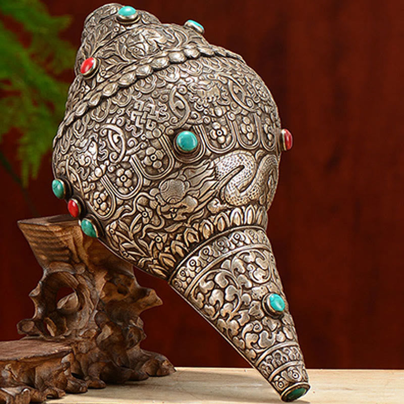 Coquillage tibétain naturel Shankha orné de huit symboles de bon augure | Décoration zen