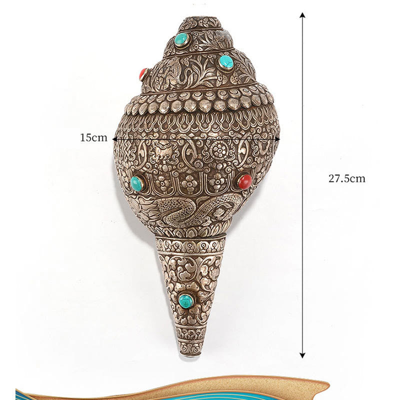 Coquillage tibétain naturel Shankha orné de huit symboles de bon augure | Décoration zen
