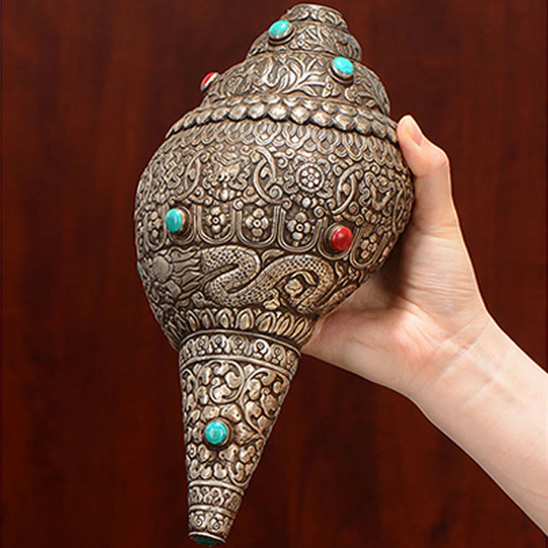 Coquillage tibétain naturel Shankha orné de huit symboles de bon augure | Décoration zen