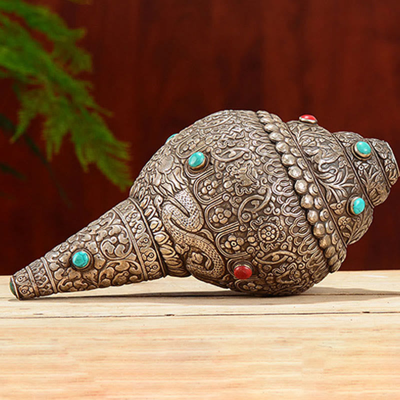 Coquillage tibétain naturel Shankha orné de huit symboles de bon augure | Décoration zen