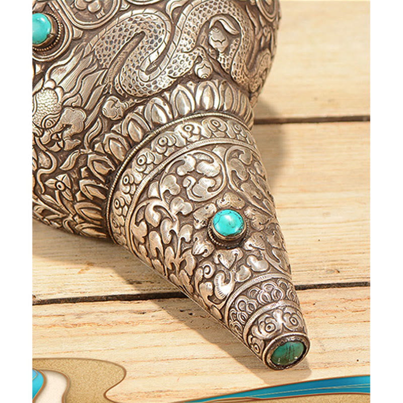 Coquillage tibétain naturel Shankha orné de huit symboles de bon augure | Décoration zen