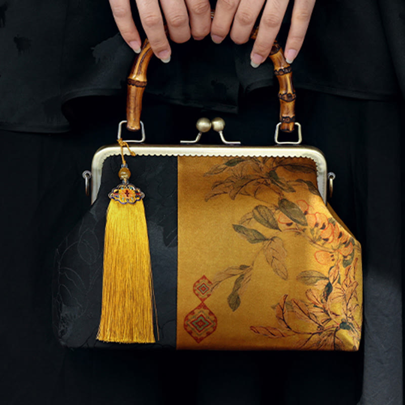 Sac à poignée en bambou inspiré de la nature avec motif de feuilles et d'oiseaux