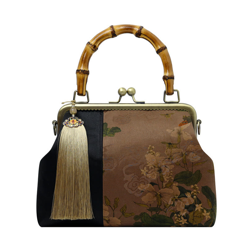 Sac à poignée en bambou inspiré de la nature avec motif de feuilles et d'oiseaux