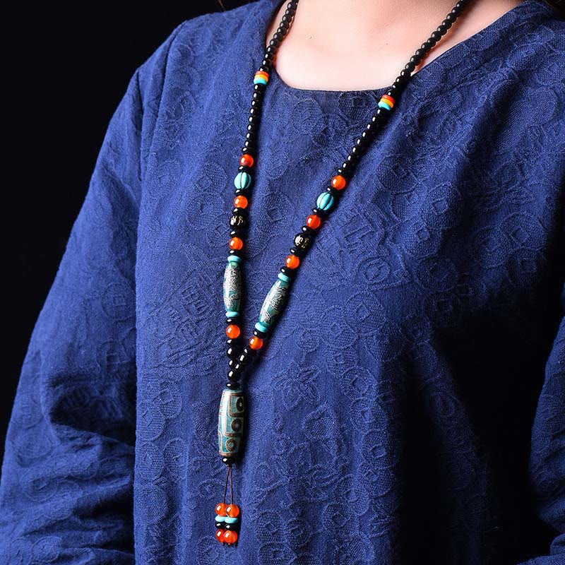 Collier de protection dragon en perles Dzi à neuf yeux 50 cm