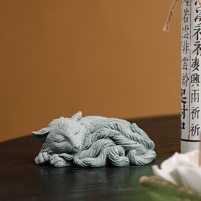 Figurine de renard à neuf queues en grès, décoration zen pour la maison, 10 cm