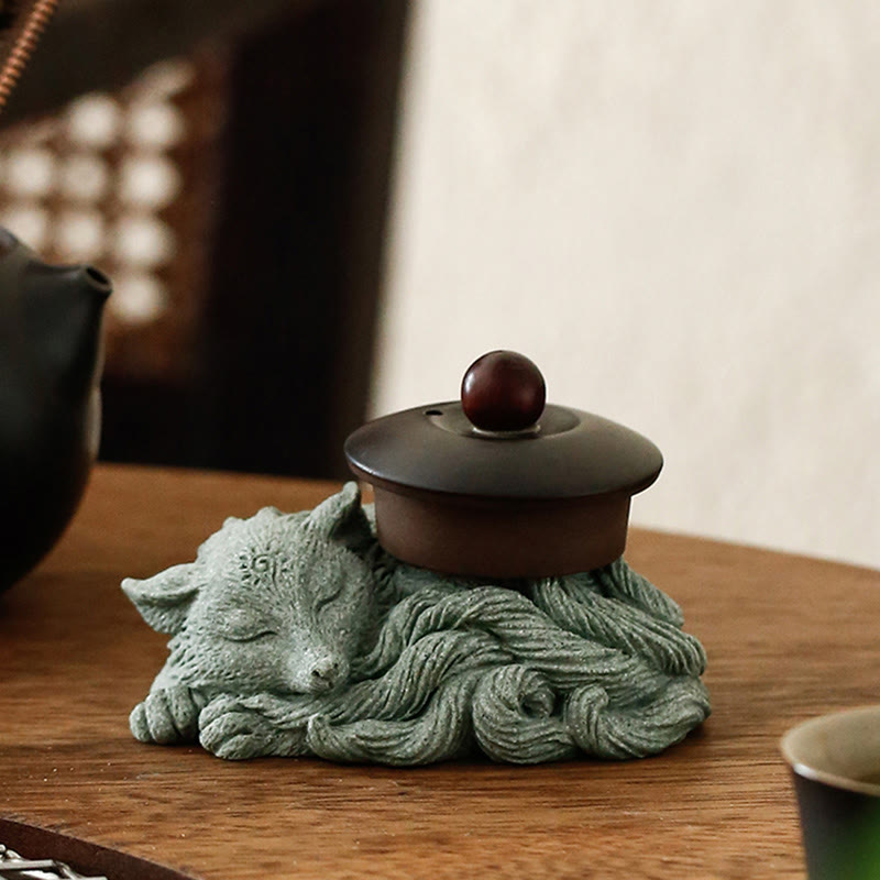 Figurine de renard à neuf queues en grès, décoration zen pour la maison, 10 cm