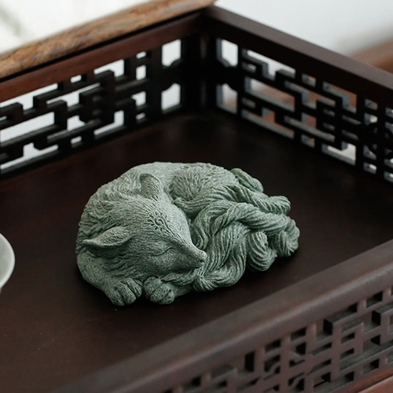 Figurine de renard à neuf queues en grès, décoration zen pour la maison, 10 cm