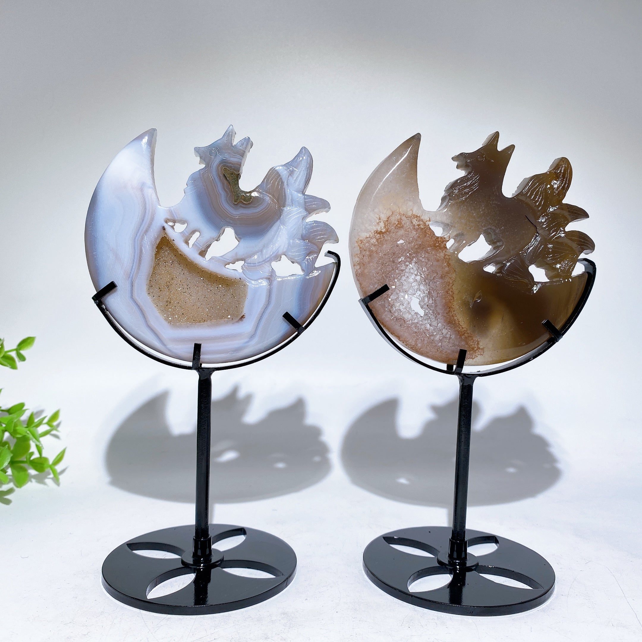 Nine-Tails Fox Crystal Carving with Moon Stand 4-inch