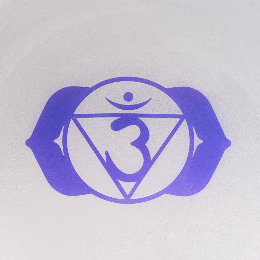 Purple Ajna chakra symbol on A Note Crystal Singing Bowl for meditation