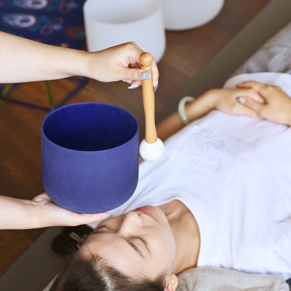 Purple Crystal Singing Bowl with Wooden Mallet in A Note Sapphire Gemstone Fusion