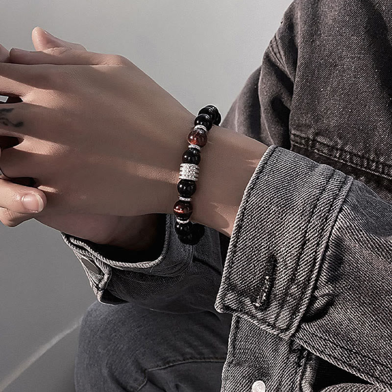 Bracelet en obsidienne 10 mm avec œil de tigre pour la force et l'équilibre