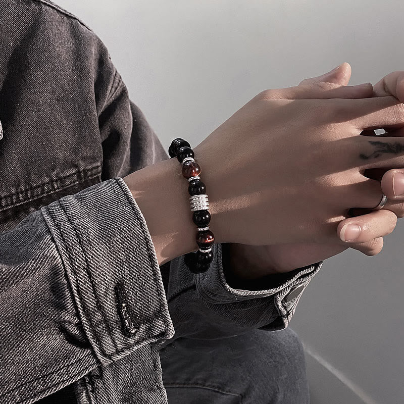 Bracelet en obsidienne 10 mm avec œil de tigre pour la force et l'équilibre