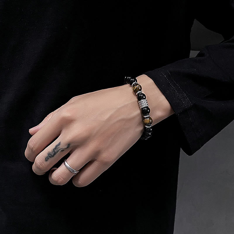Bracelet en obsidienne 10 mm avec œil de tigre pour la force et l'équilibre