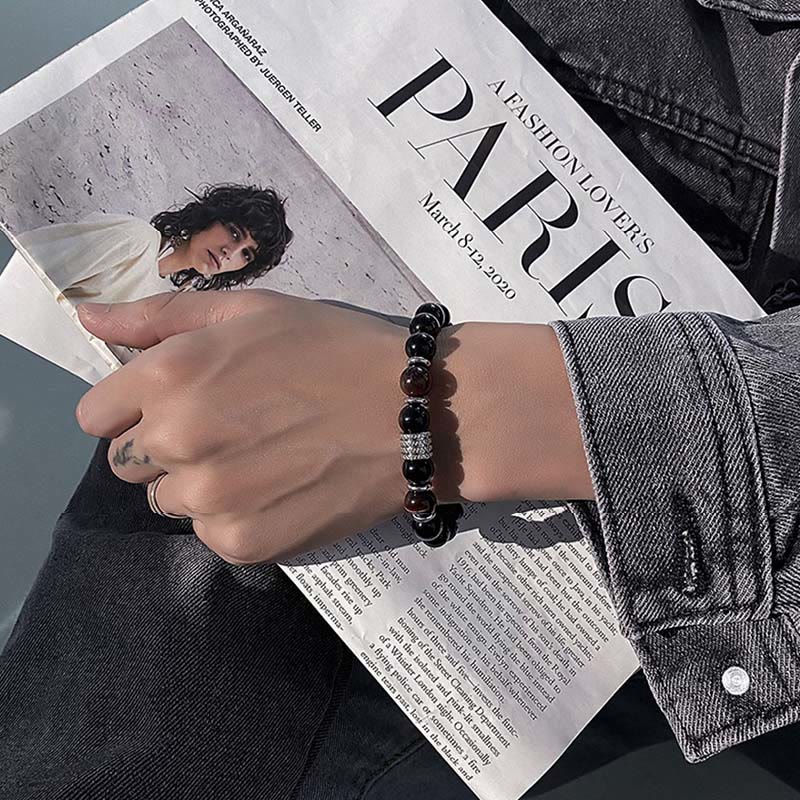 Bracelet en obsidienne 10 mm avec œil de tigre pour la force et l'équilibre
