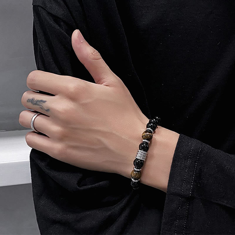 Bracelet en obsidienne 10 mm avec œil de tigre pour la force et l'équilibre