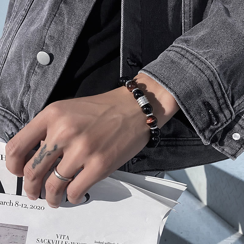 Bracelet en obsidienne 10 mm avec œil de tigre pour la force et l'équilibre