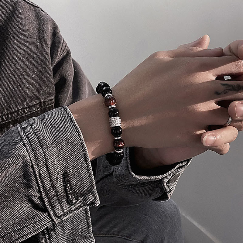 Bracelet en obsidienne 10 mm avec œil de tigre pour la force et l'équilibre