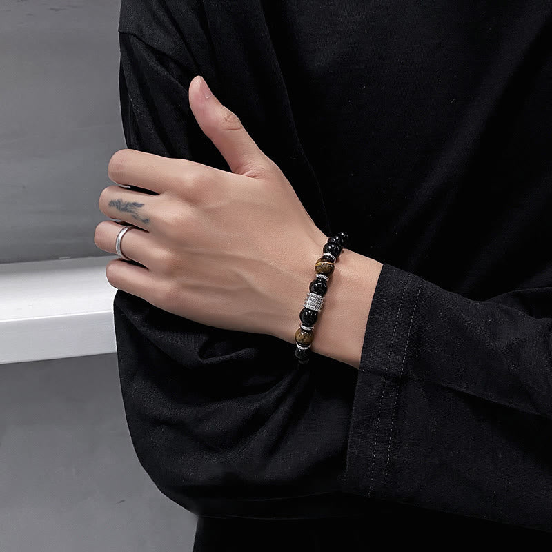 Bracelet en obsidienne 10 mm avec œil de tigre pour la force et l'équilibre