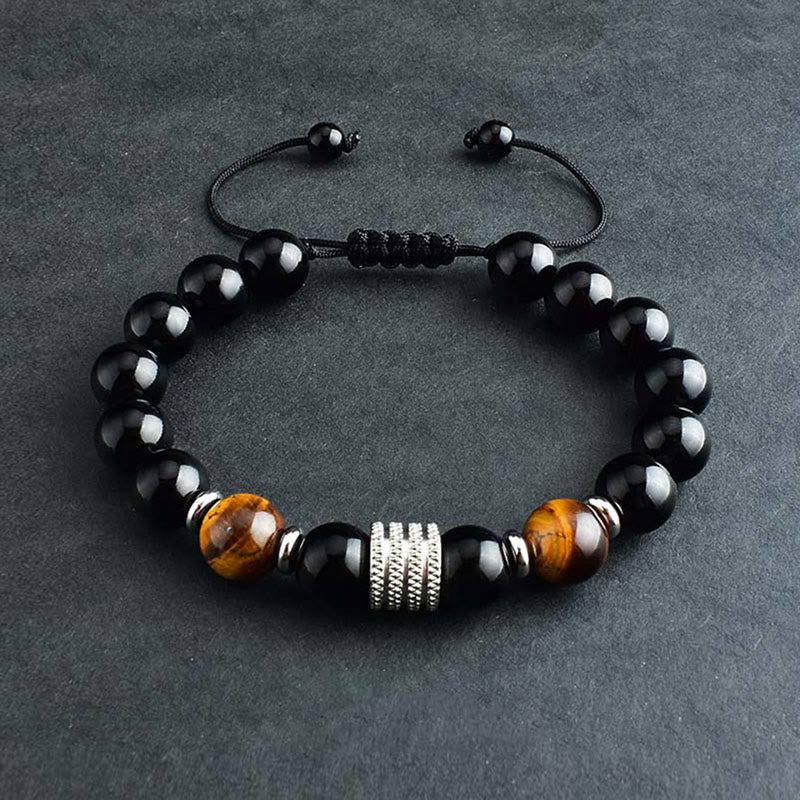 Bracelet en obsidienne 10 mm avec œil de tigre pour la force et l'équilibre
