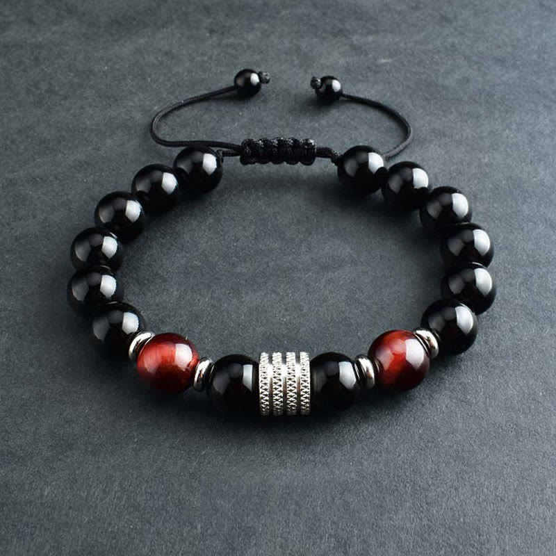 Bracelet en obsidienne 10 mm avec œil de tigre pour la force et l'équilibre