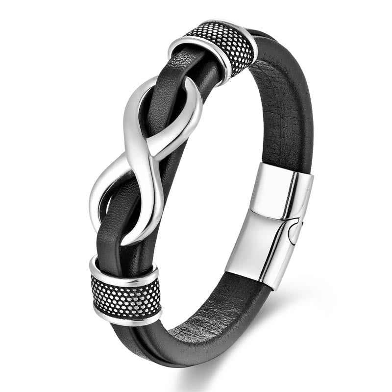 Bracelet Obsidienne Acier Titane Cuir Noir Noeud Infini