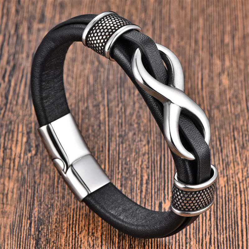 Bracelet Obsidienne Acier Titane Cuir Noir Noeud Infini