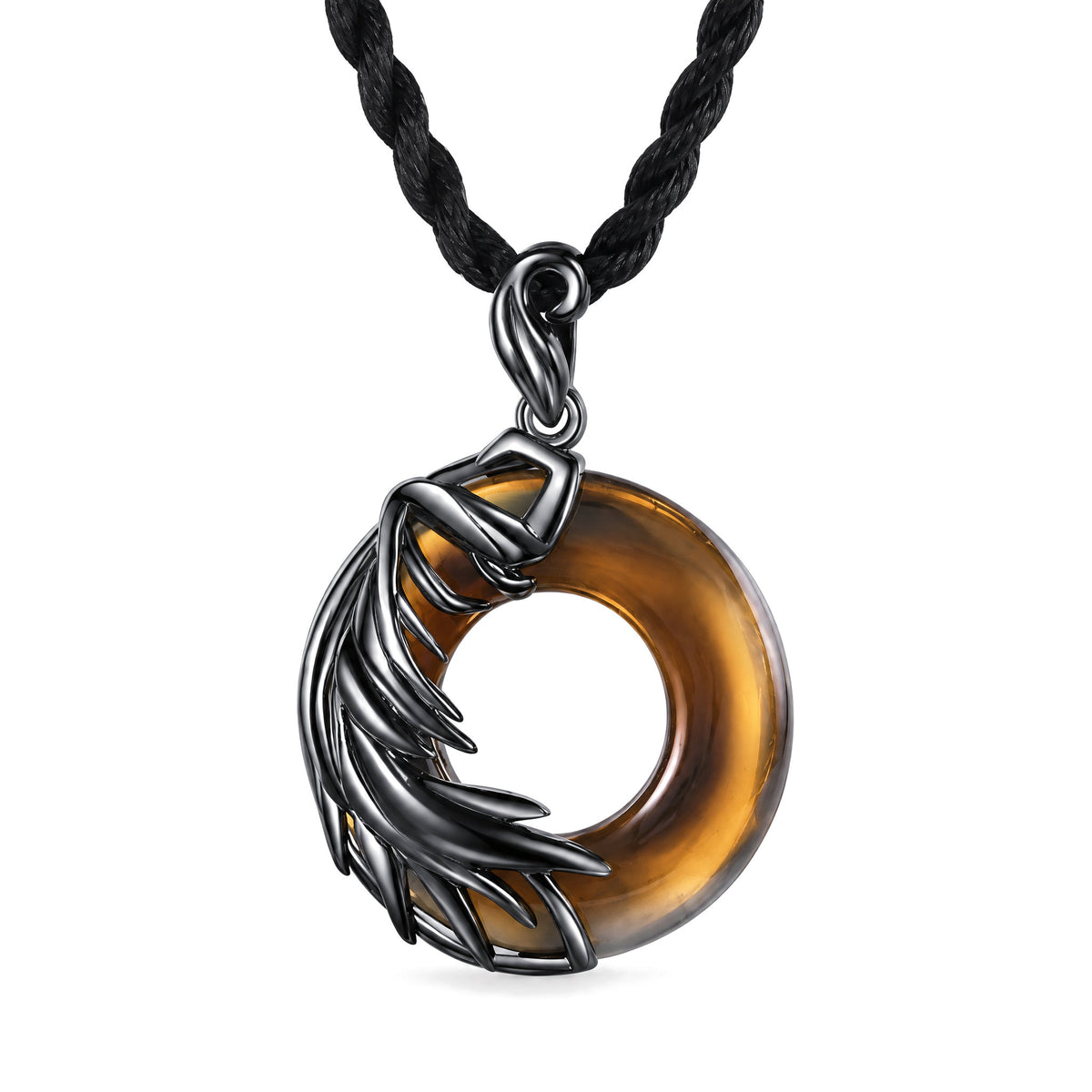 Obsidian Chalcedony Meditation Round Pendant Necklace, Obsidian Pendant, on a white background