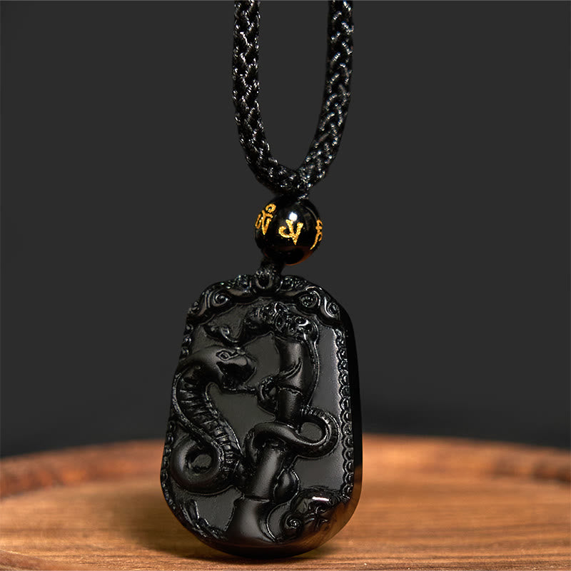 Collier en obsidienne avec symbole du zodiaque chinois et accomplissement de la purification
