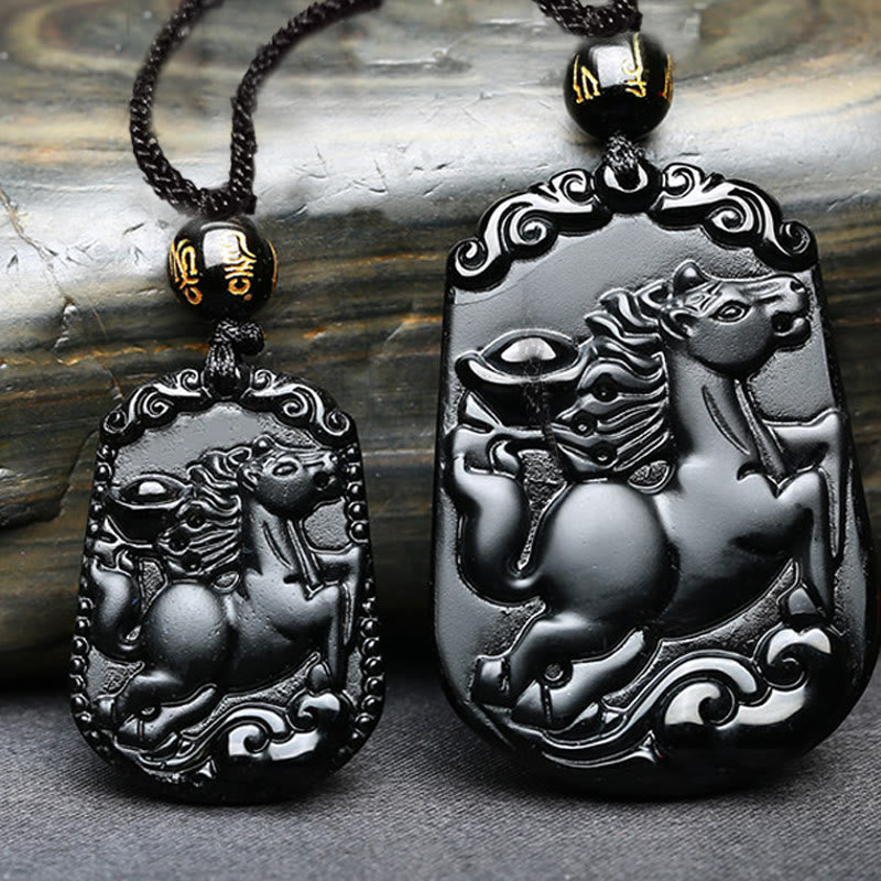 Collier en obsidienne avec symbole du zodiaque chinois et accomplissement de la purification