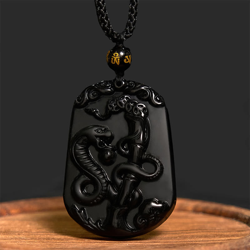 Collier en obsidienne avec symbole du zodiaque chinois et accomplissement de la purification