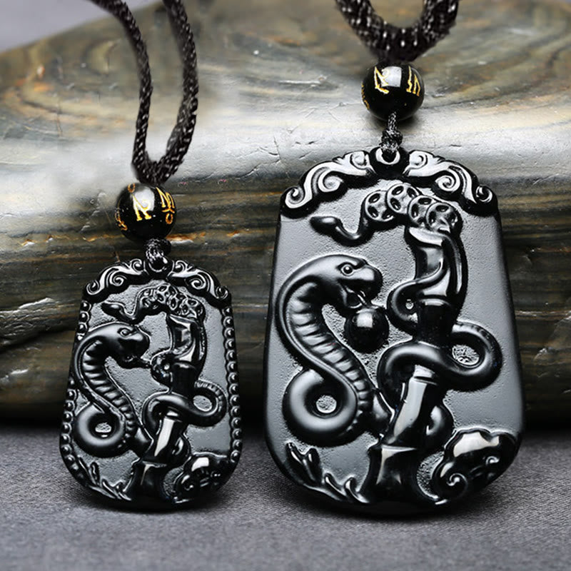 Collier en obsidienne avec symbole du zodiaque chinois et accomplissement de la purification