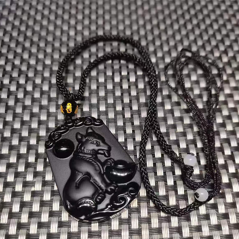 Collier en obsidienne avec symbole du zodiaque chinois et accomplissement de la purification
