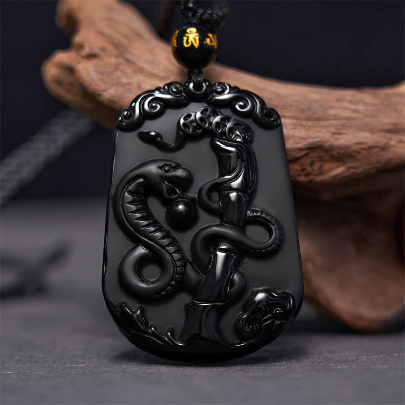 Collier en obsidienne avec symbole du zodiaque chinois et accomplissement de la purification
