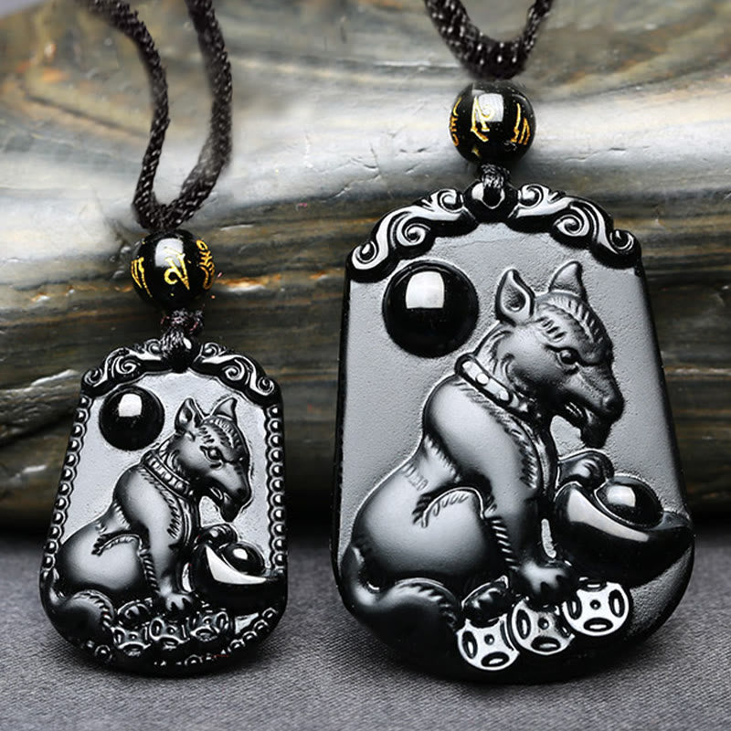 Collier en obsidienne avec symbole du zodiaque chinois et accomplissement de la purification