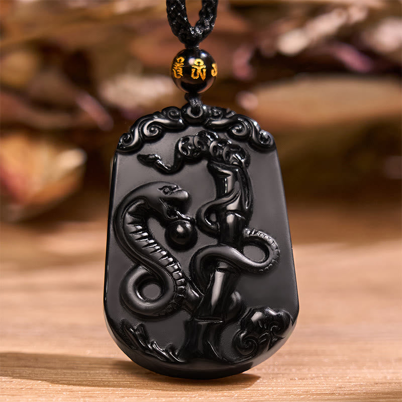 Collier en obsidienne avec symbole du zodiaque chinois et accomplissement de la purification