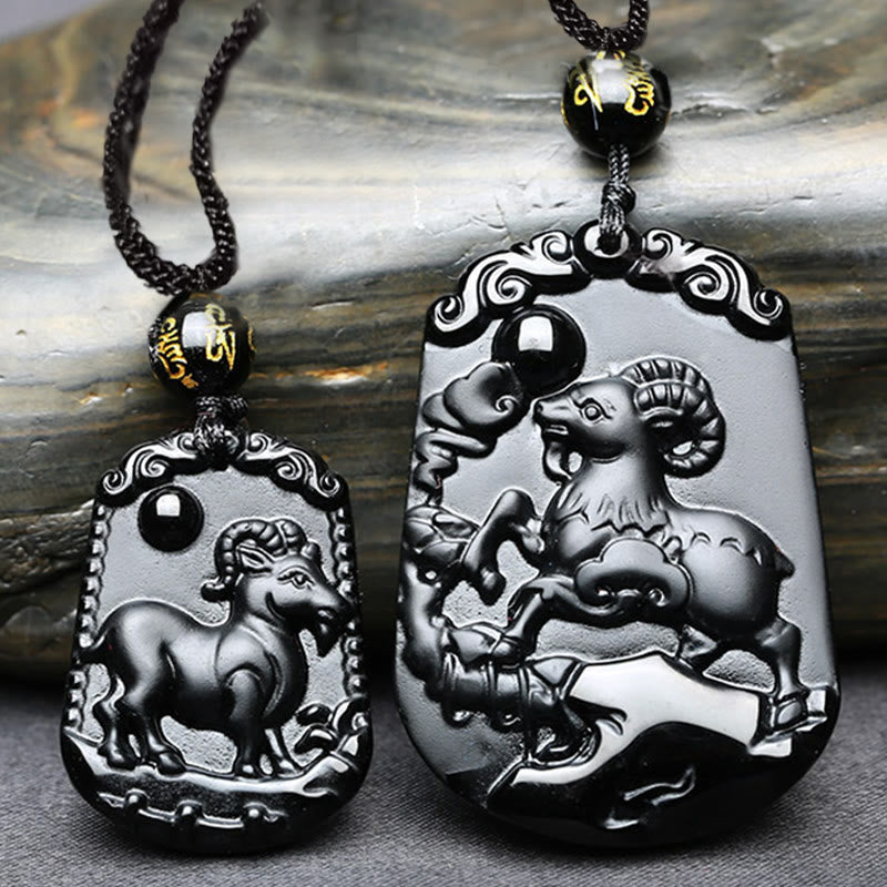 Collier en obsidienne avec symbole du zodiaque chinois et accomplissement de la purification
