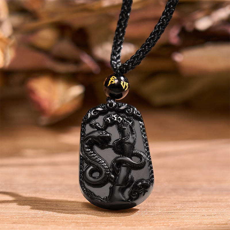 Collier en obsidienne avec symbole du zodiaque chinois et accomplissement de la purification