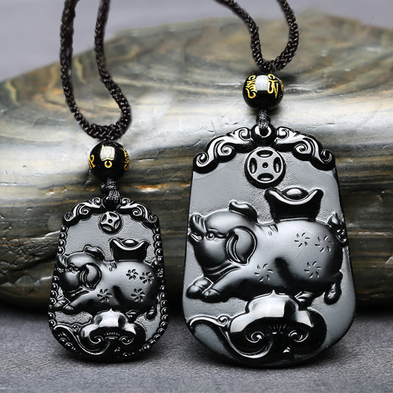 Collier en obsidienne avec symbole du zodiaque chinois et accomplissement de la purification