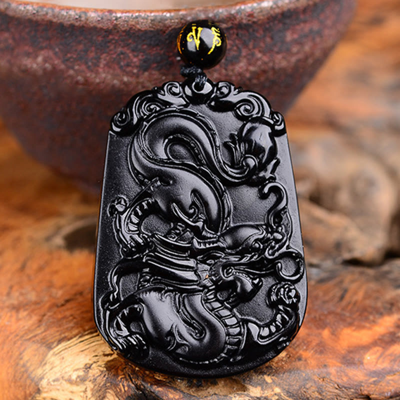 Collier en obsidienne avec symbole du zodiaque chinois et accomplissement de la purification