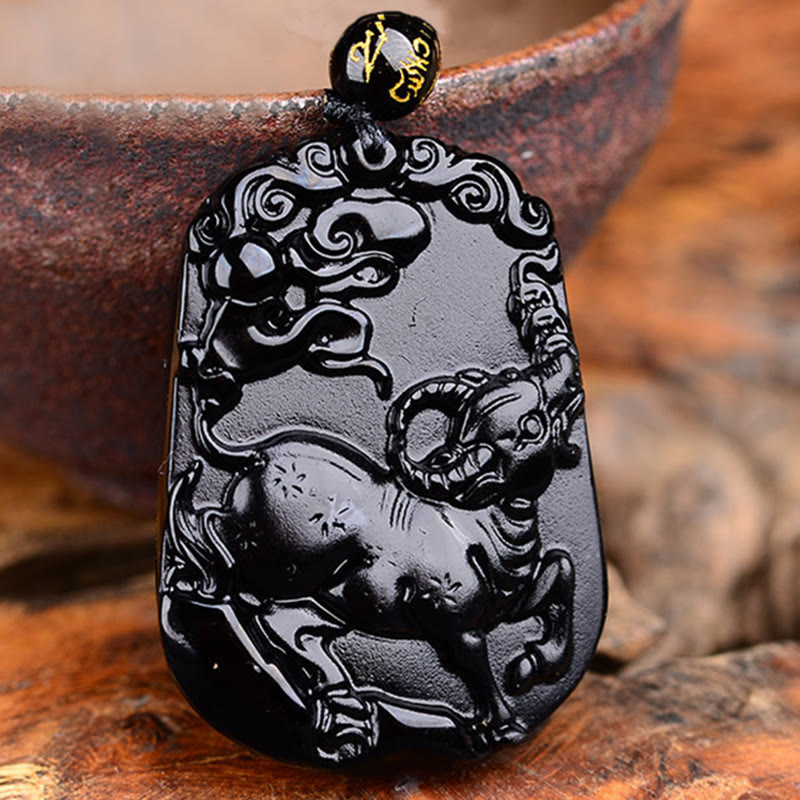 Collier en obsidienne avec symbole du zodiaque chinois et accomplissement de la purification