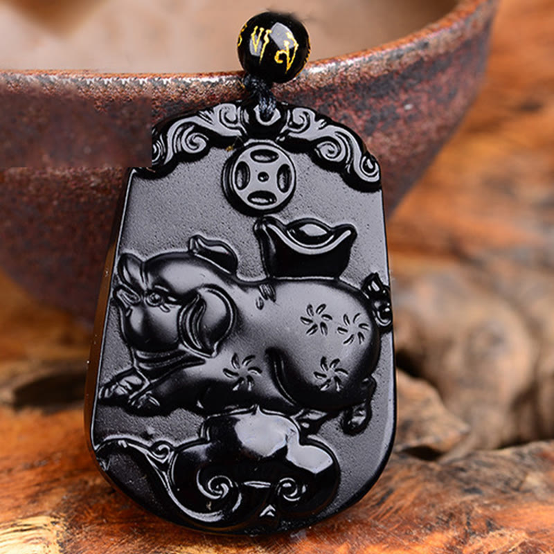 Collier en obsidienne avec symbole du zodiaque chinois et accomplissement de la purification
