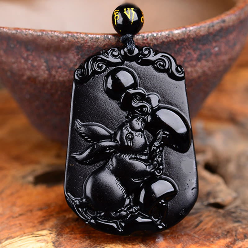 Collier en obsidienne avec symbole du zodiaque chinois et accomplissement de la purification